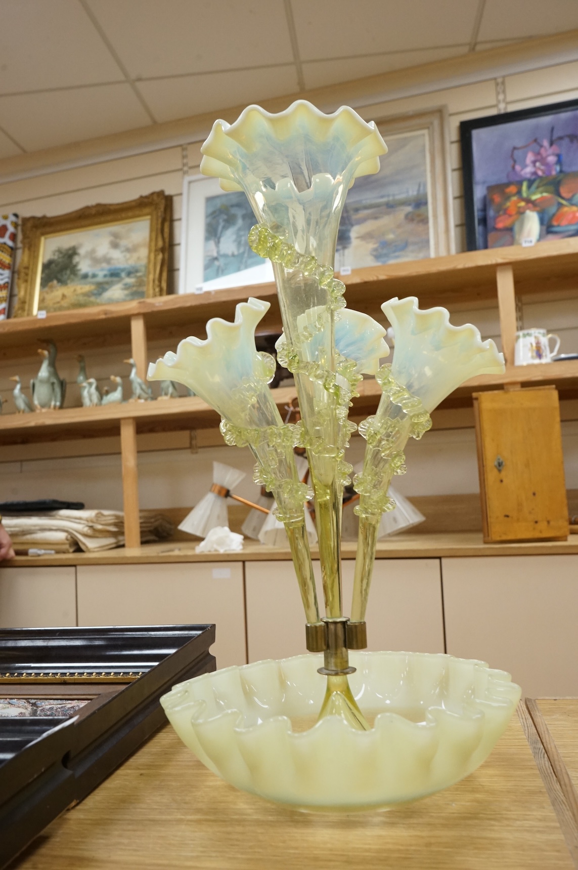 A 19th century Vaseline glass epergne, 44cm high